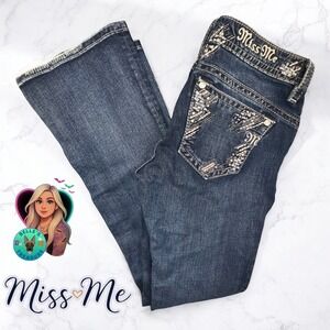 Miss Me Jeans‎ Womens 26 Relaxed Boot Silver Embellished Pockets Dark Wash 28x31